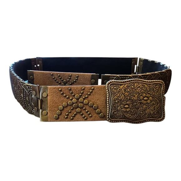 Brown Leather Belt with‎ Brass Accents - Picture 1 of 7